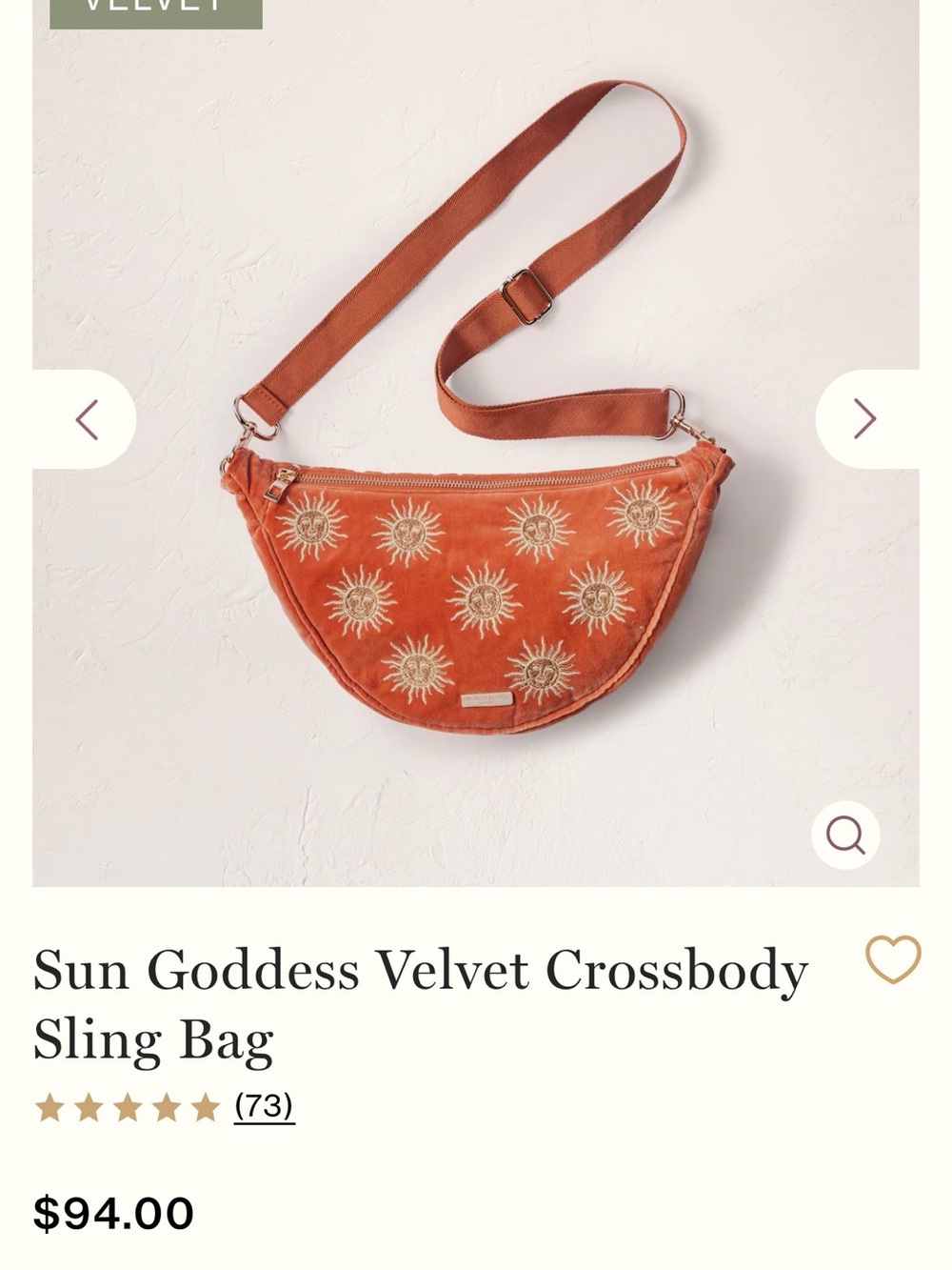 NWOT - Sun Goddess Velvet Crossbody Sling Bag - Rust Orange